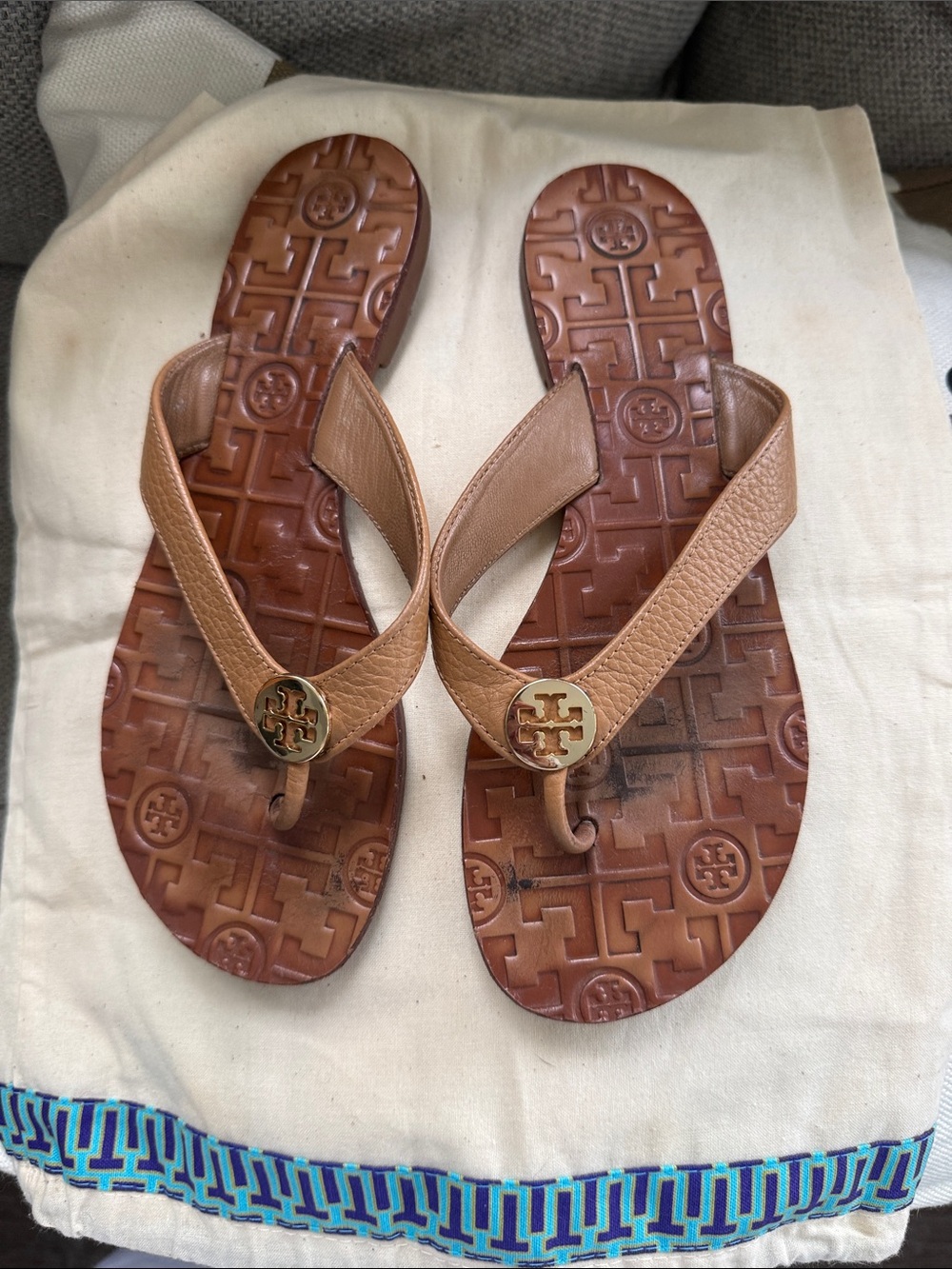 Tory Burch Tan Leather Logo Thong Sandals